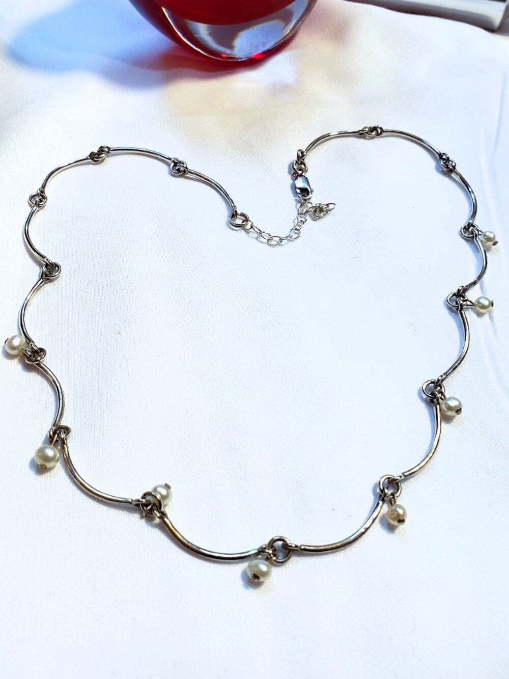 Vintage .925 Sterling Silver Wavy Scallop & Freshwater Pearl Choker Necklace
